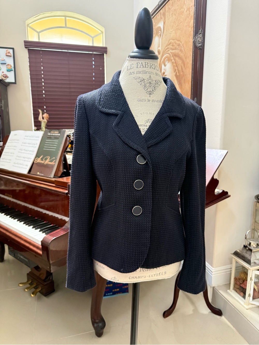 Ann Taylor Navy Textured Three-Button Blazer